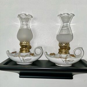 Pair of White and Gold Ceramic Oil Lamps